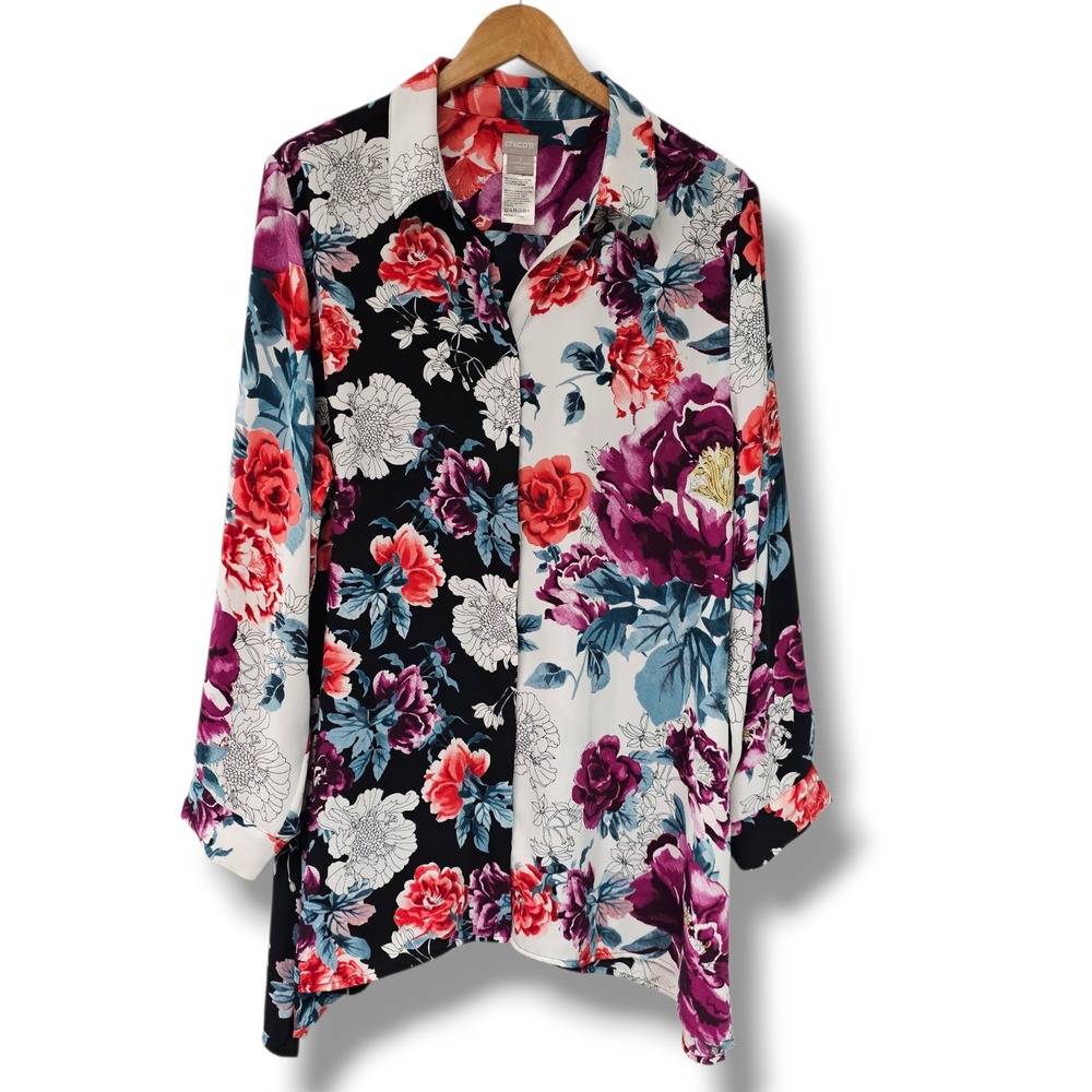 Chico's Button Up Shirt XL 3 Womens Black White Dark Floral Split Print Artsy
